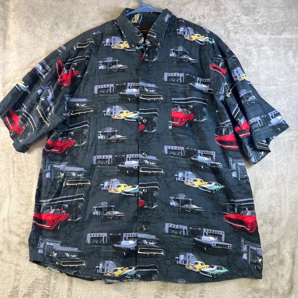 Woodland Trail Mens XL Classic Cars‎ Garage Print Retro Auto Theme Summer Shirt